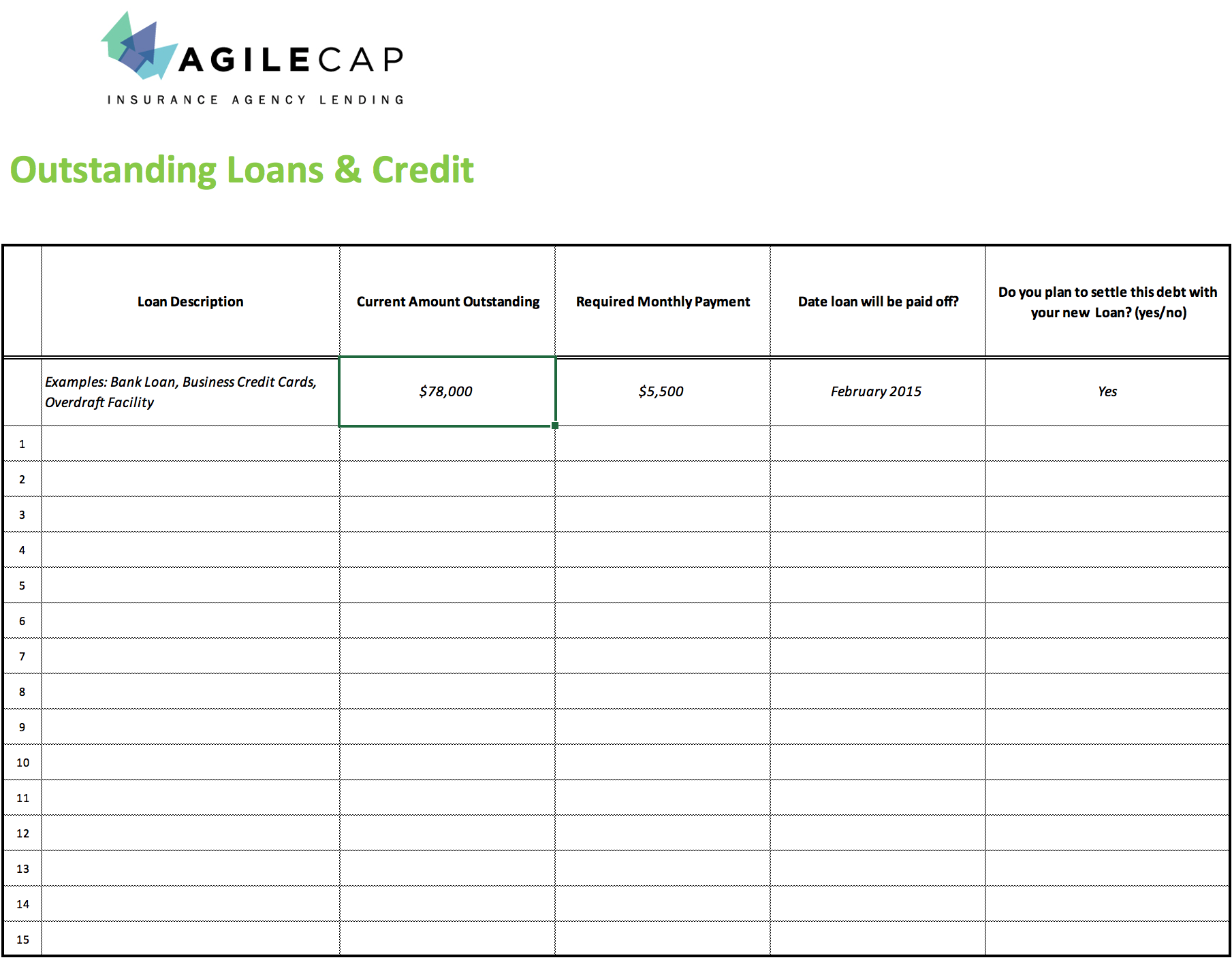 Outstanding Loans and Credit sheet