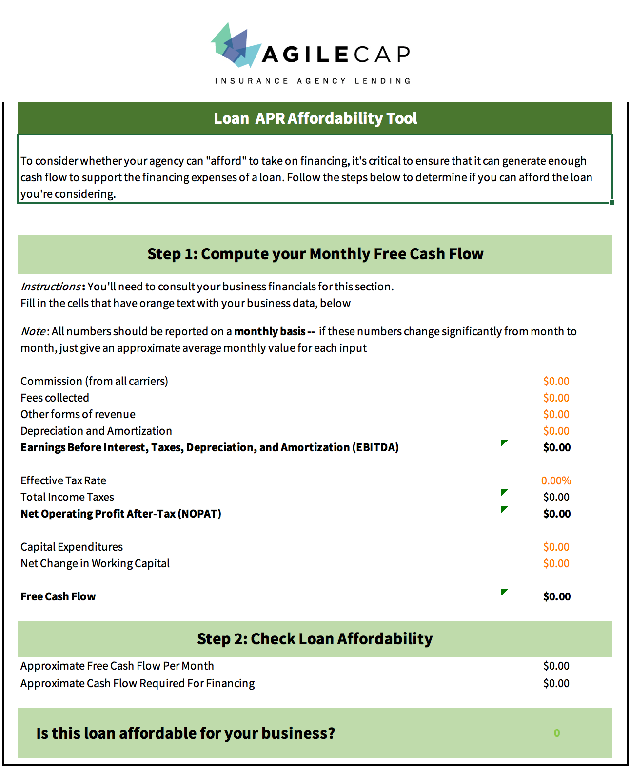Loan affordability tool with steps to compute free cash flow for financing decisions.