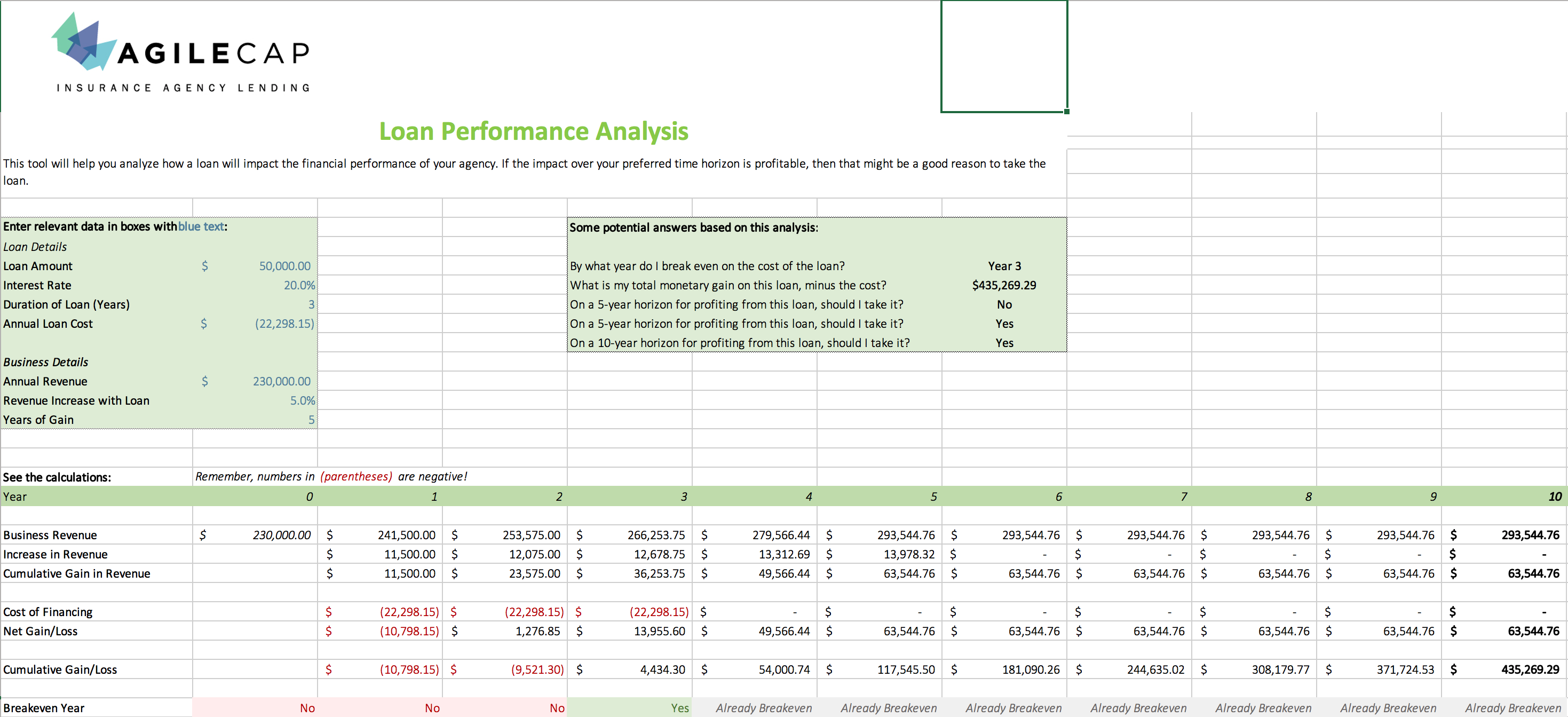 Loan performance analysis spreadsheet with financial projections for 10 years.