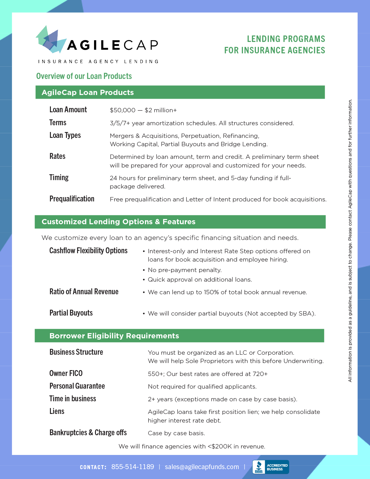 AgileCap overview of loan products sheet