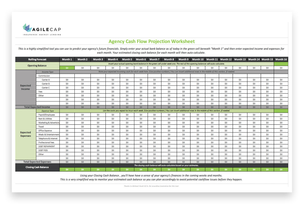 AgileCap Cash Flow projection worksheet